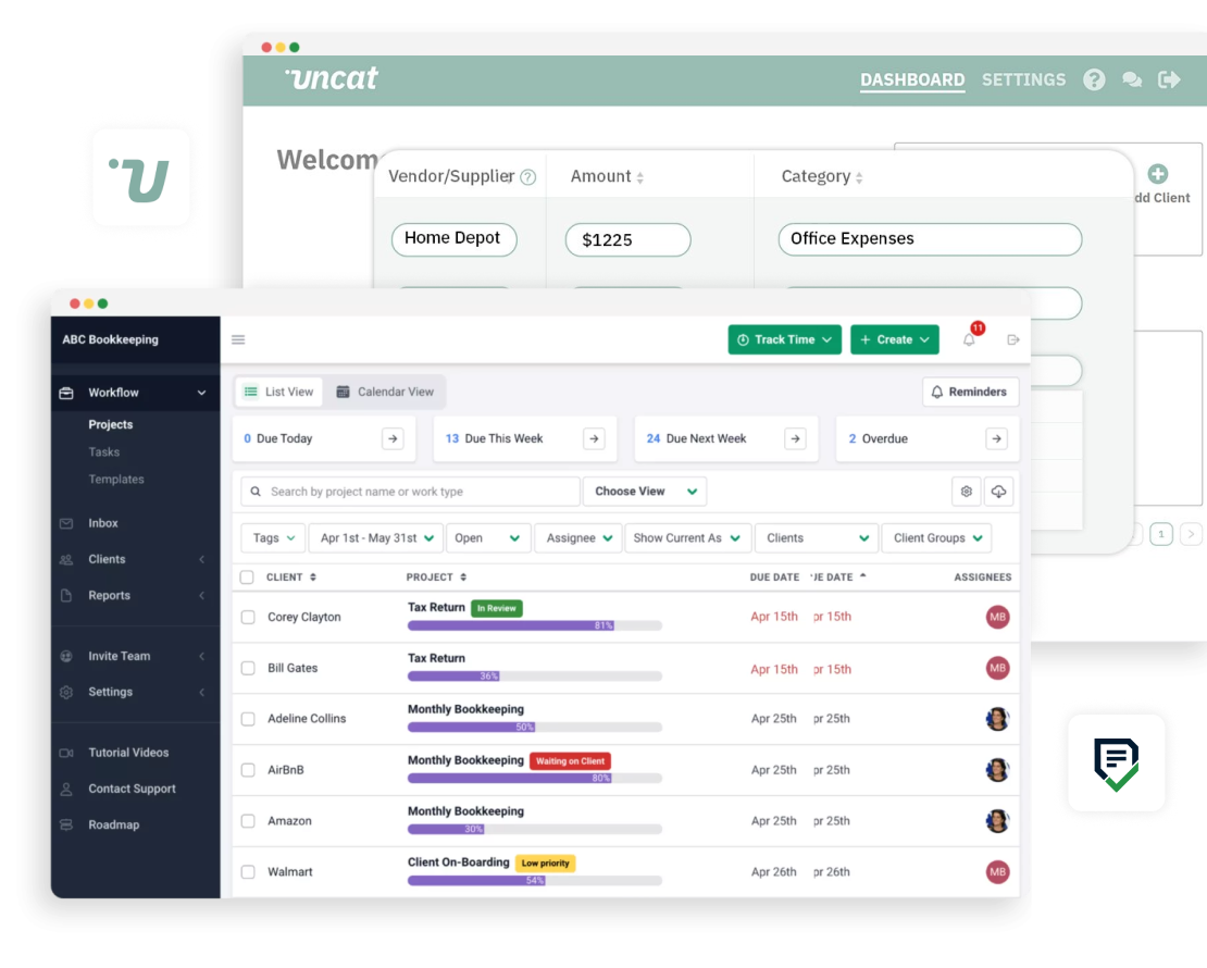 Financial Cents vs UnCat A screenshot shows a bookkeeping web app dashboard with categorized expenses, vendor names, dropdown menus, and a list of client projects.