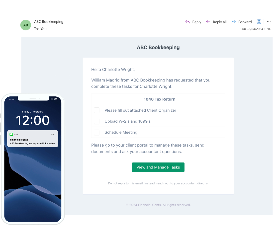 Save time with accounting workflow automation An email from ABC Bookkeeping requests tasks for a 1040 Tax Return, with a checklist and a View and Manage Tasks button. Next to it is a smartphone showing a notification from Financial Cents.