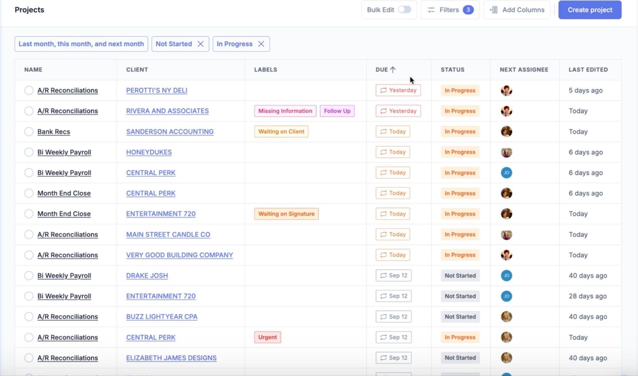 Workflow dashboard in Jetpack workflow showing a list of projects