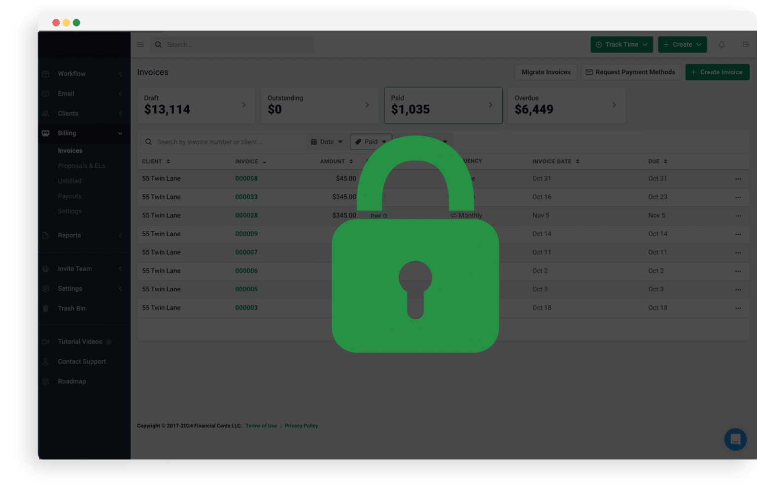 Invoice dashboard partially obscured by a large green padlock icon, indicating restricted access or secured permissions for financial data visibility.