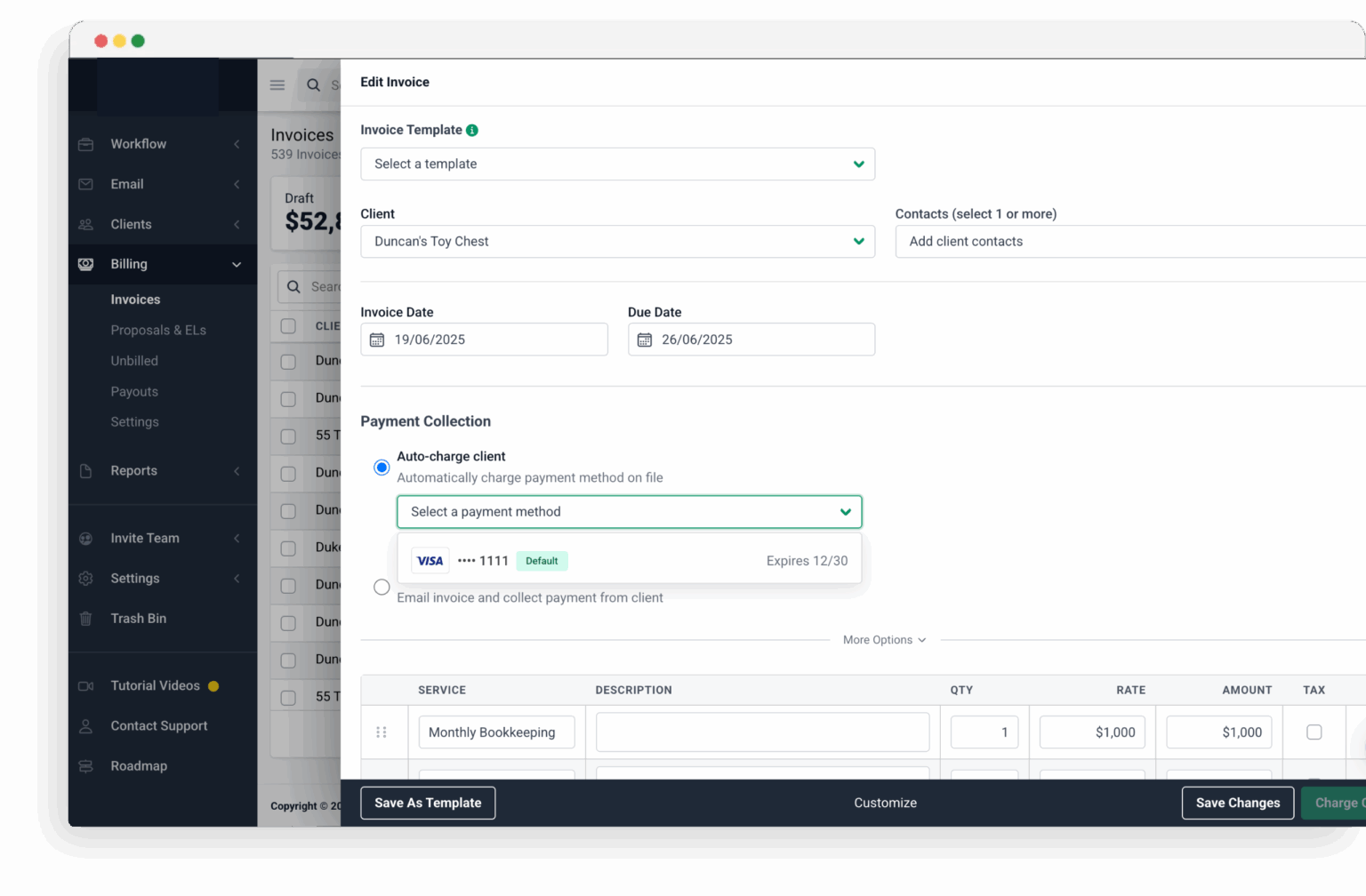 Edit invoice screen showing Duncan’s Toy Chest set for auto-charge via Visa ending in 1111; due June 26, 2025, for $1,000 monthly bookkeeping.