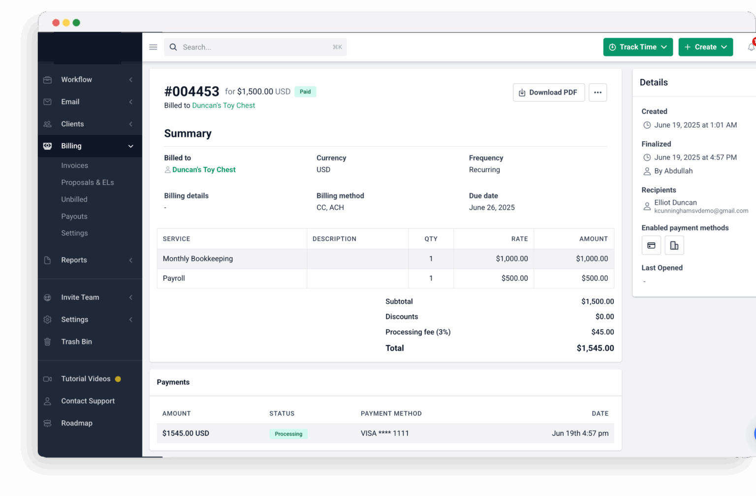 Invoice #004453 billed to Duncan’s Toy Chest for $1,500 with services listed; $1,545 total after fee. Payment is processing via Visa ending in 1111.