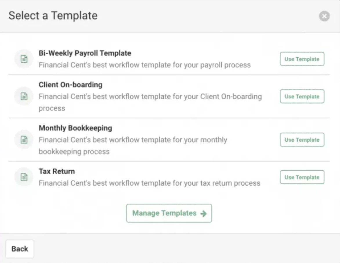 A template selection menu with options for payroll, onboarding, bookkeeping, and tax return workflows, each with a “Use Template” button.
