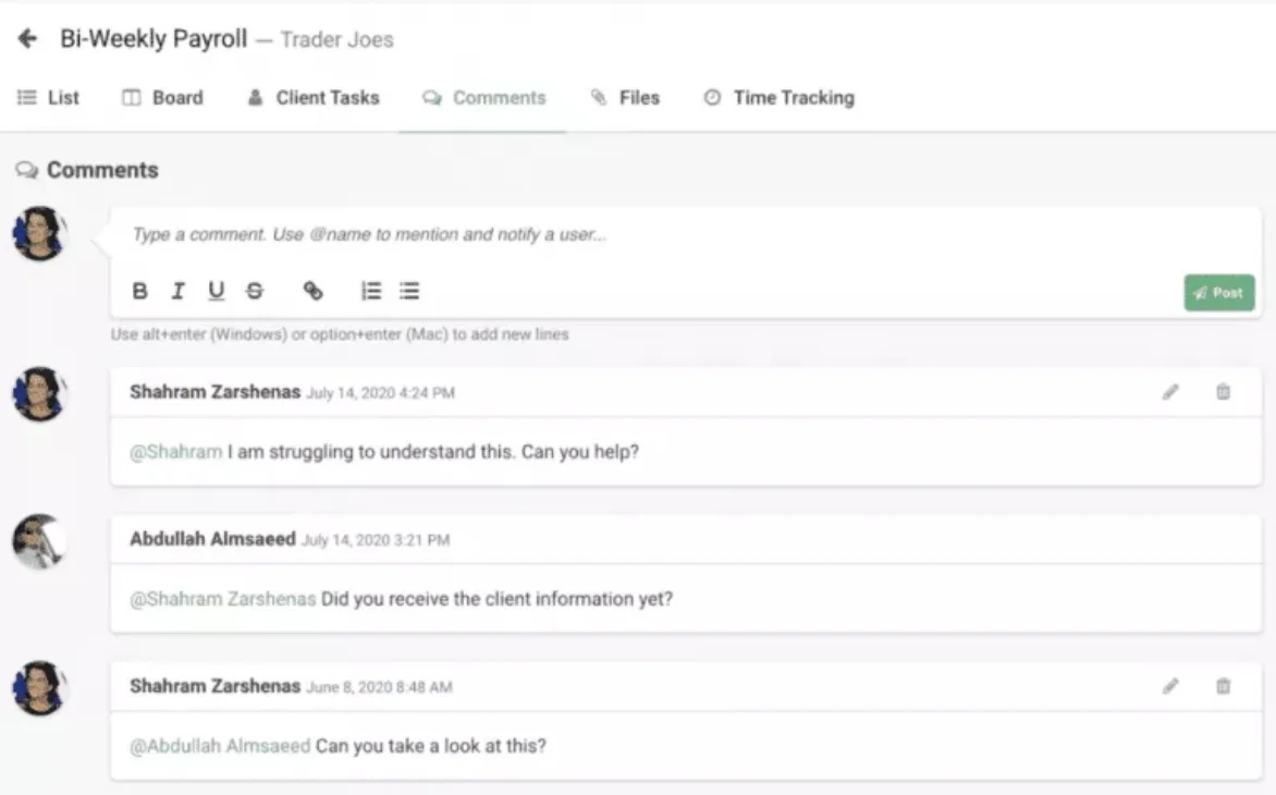 A project comment section shows team discussions with user avatars, message threads, text formatting tools, and tabs for tasks, files, and time tracking.