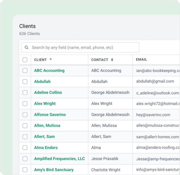 Client CRM showing names, contacts, and emails with a search bar above the client list.