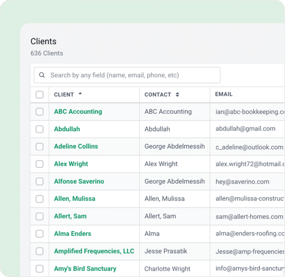 Client CRM showing names, contacts, and emails with a search bar above the client list.