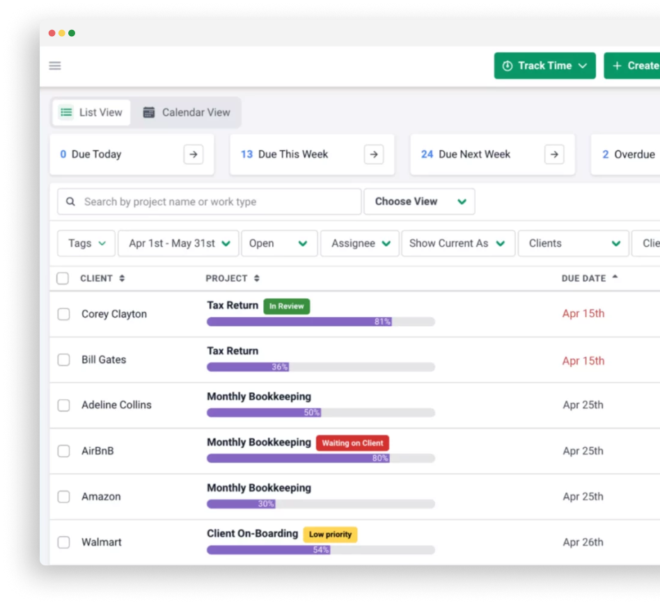 This is your inside track on how accounting firms get work done.
A task management dashboard showing client projects, statuses, progress bars, and due dates in a list view with filters and action buttons.