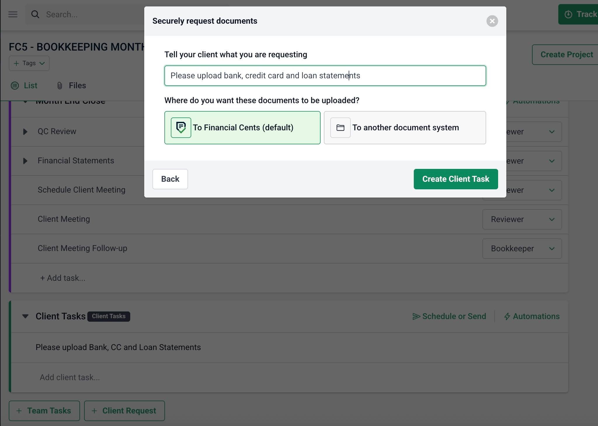 securely requesting client documents from within Financial Cents