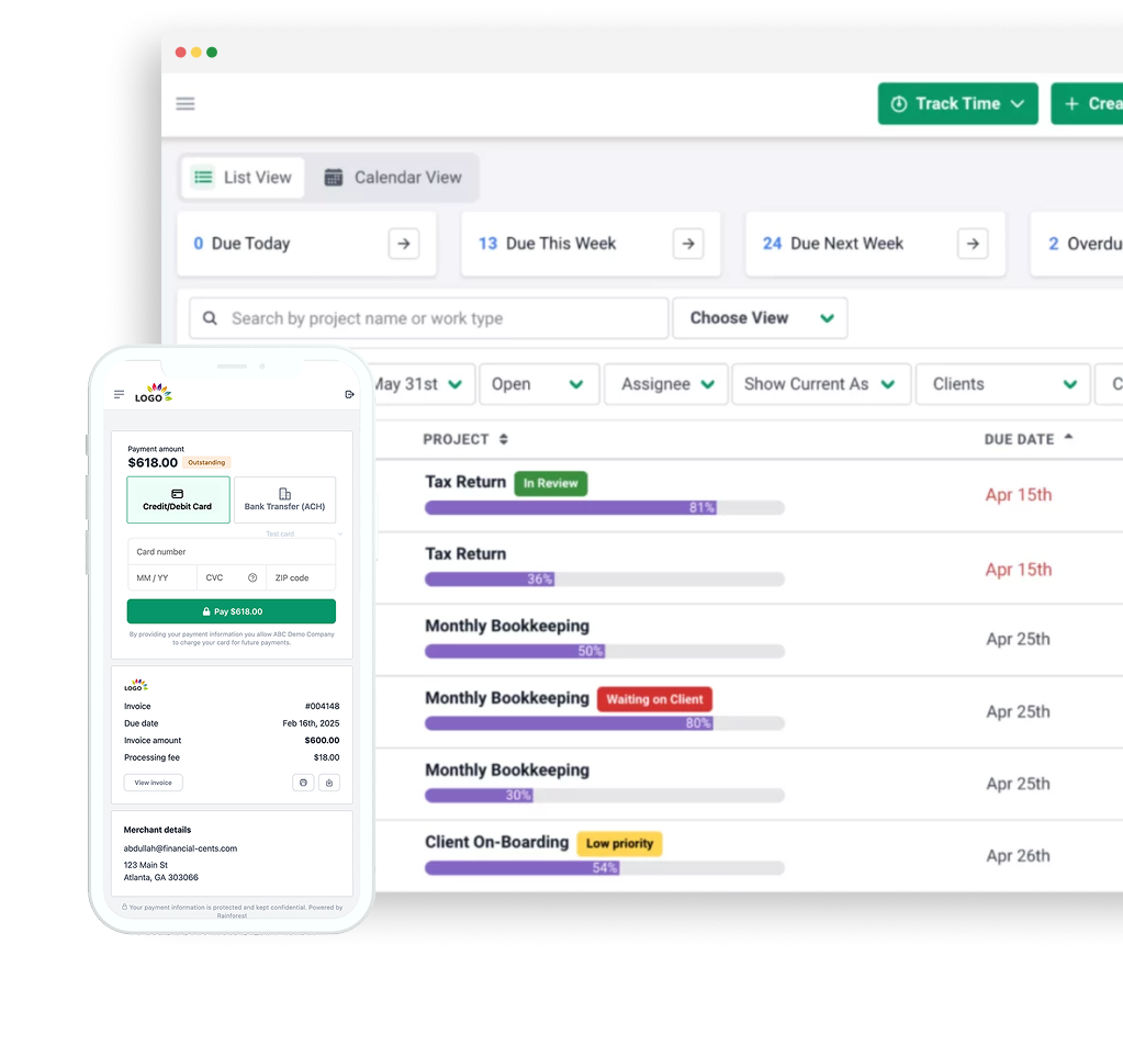 See how Financial Cents simplifies your workflow Dashboard interface with task tracking and payment panel; shows project statuses, due dates, progress bars, and an invoice payment screen on mobile.