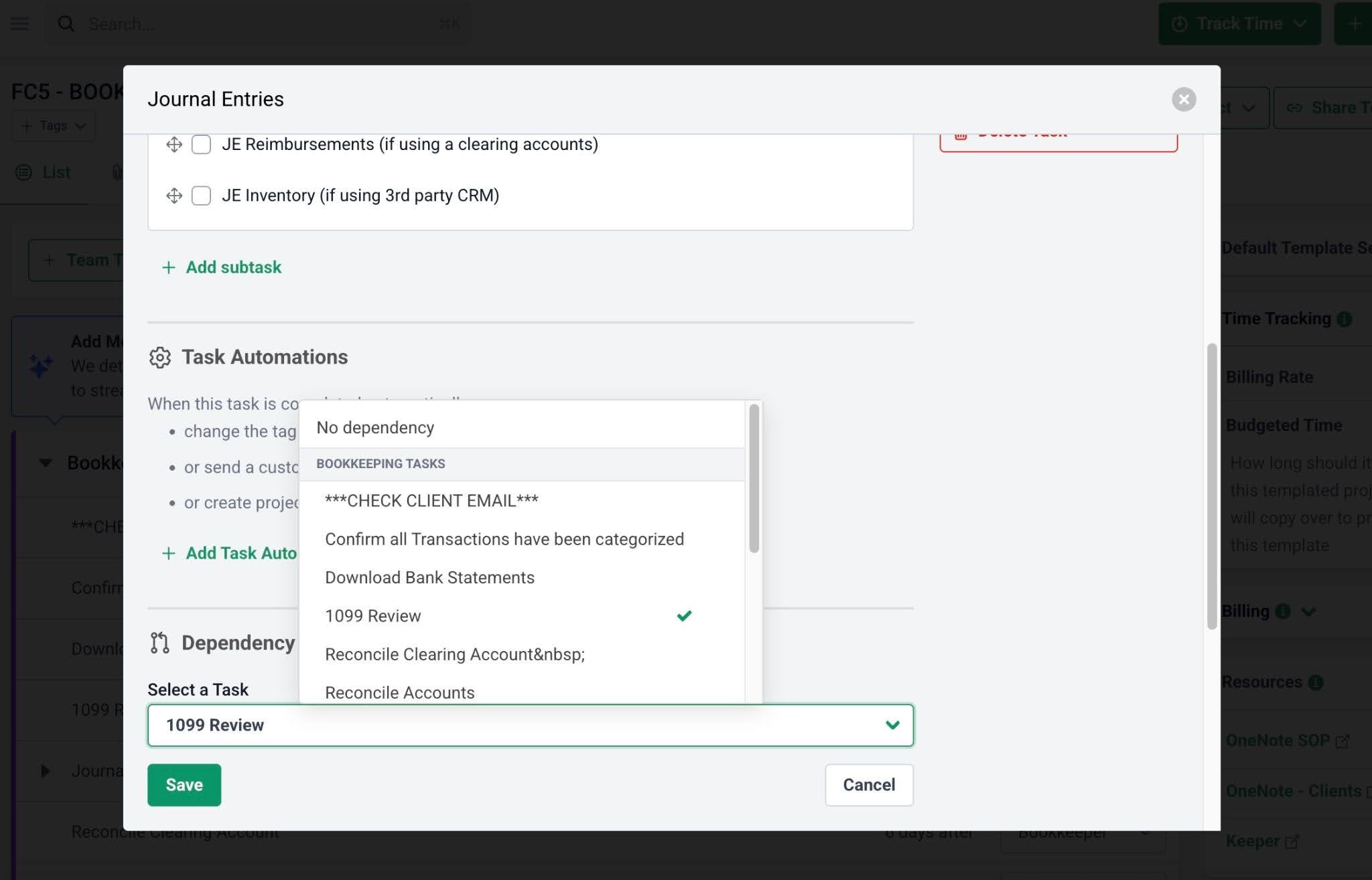task dependency automation within Financial Cents