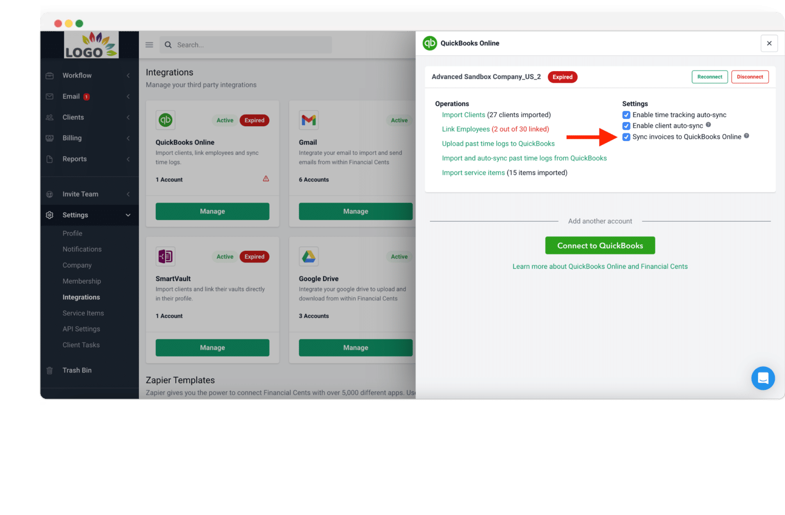 QuickBooks Online integration panel showing sync options enabled for time tracking, client data, and invoice syncing; account status marked as expired.