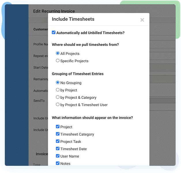 an interface of Avaza timesheets