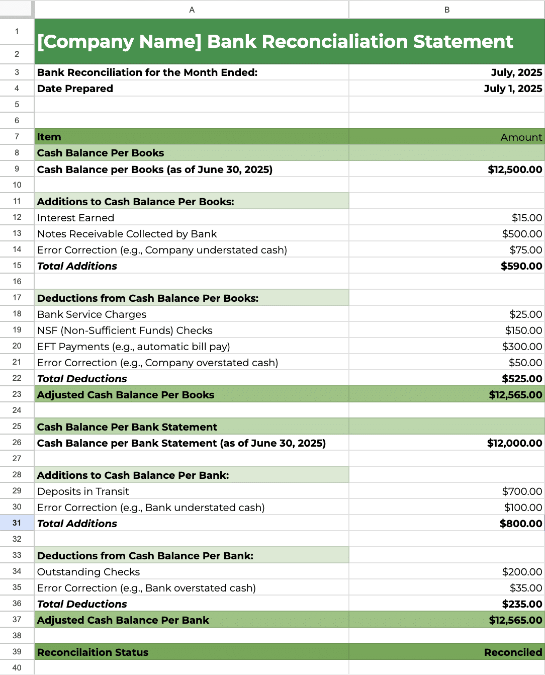 Excel Bank Reconciliation Template Excel Bank Reconciliation Template