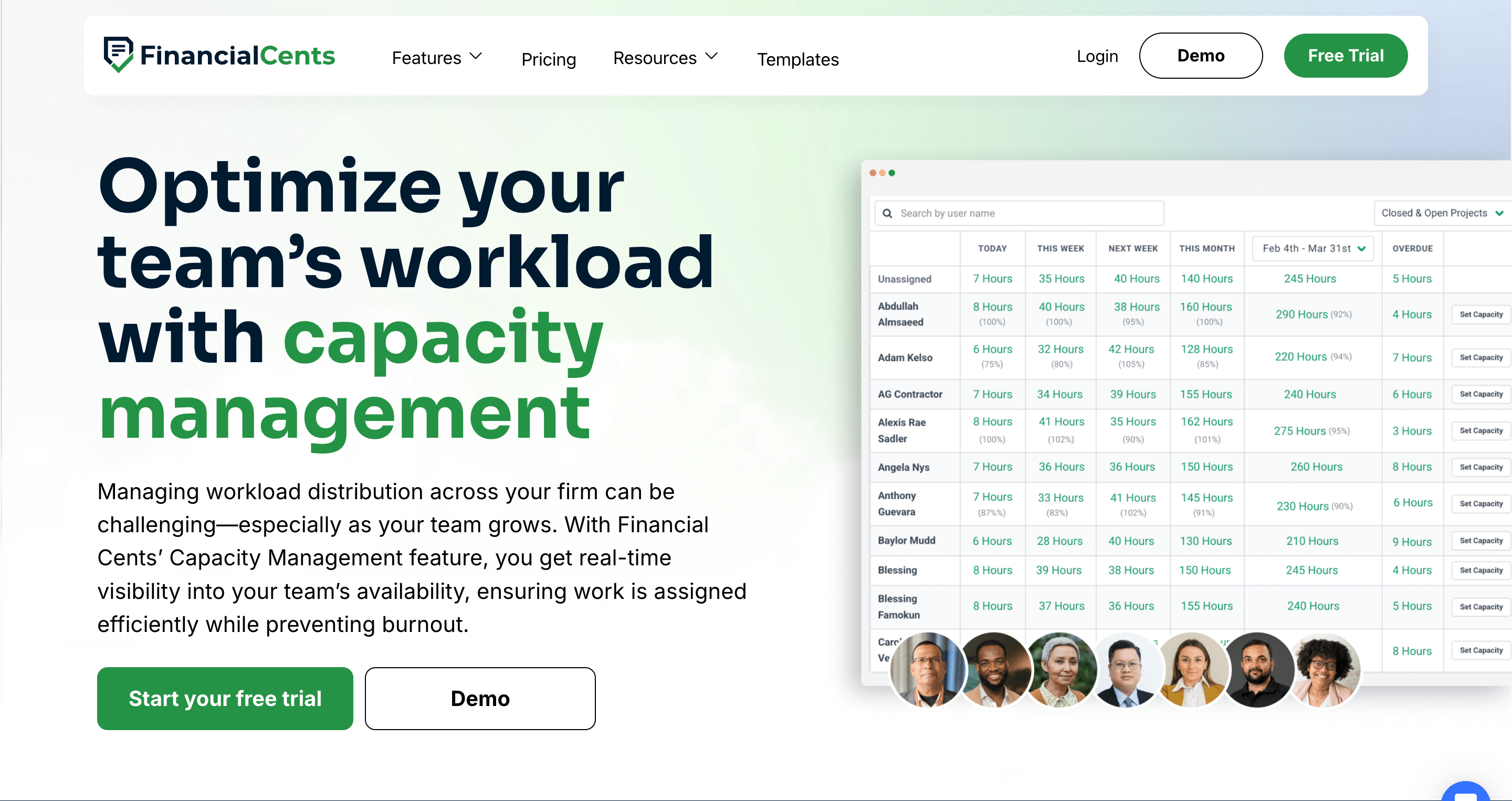 a screenshot of financial cents capacity management page