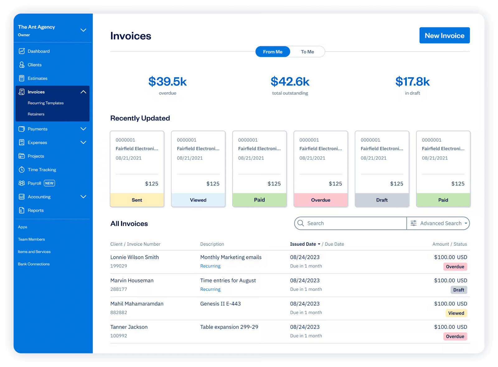 Freshbooks invoices dashboard