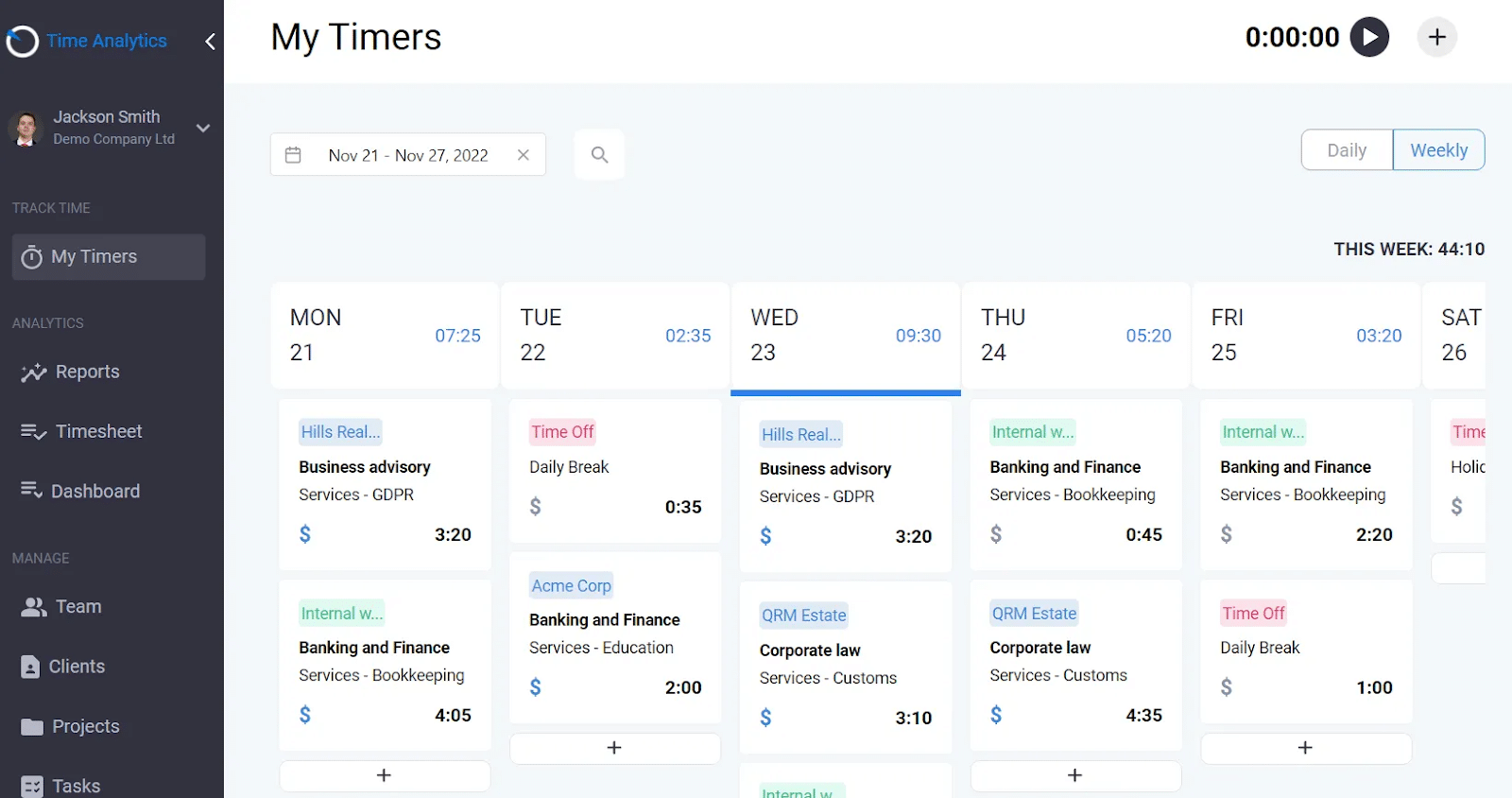 my timers dashboard in Time Analytics