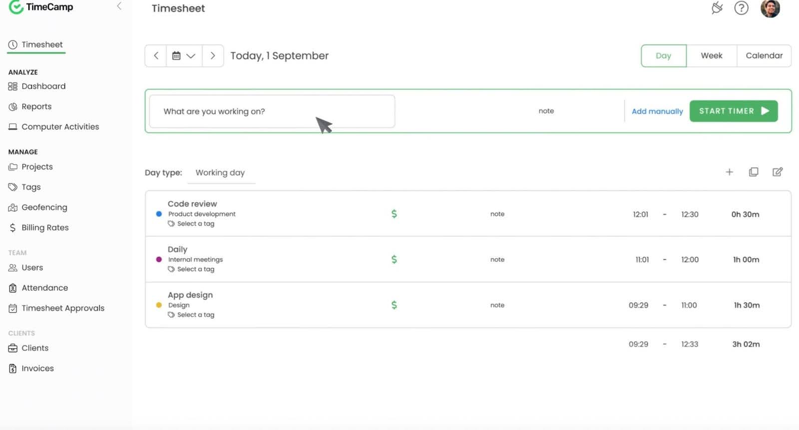 timecamp timesheet dashboard