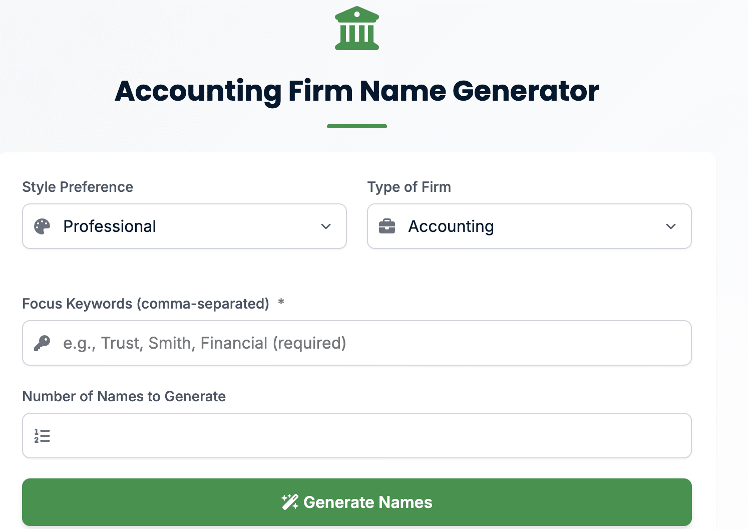 accounting business names - firm name generator tool snapshot