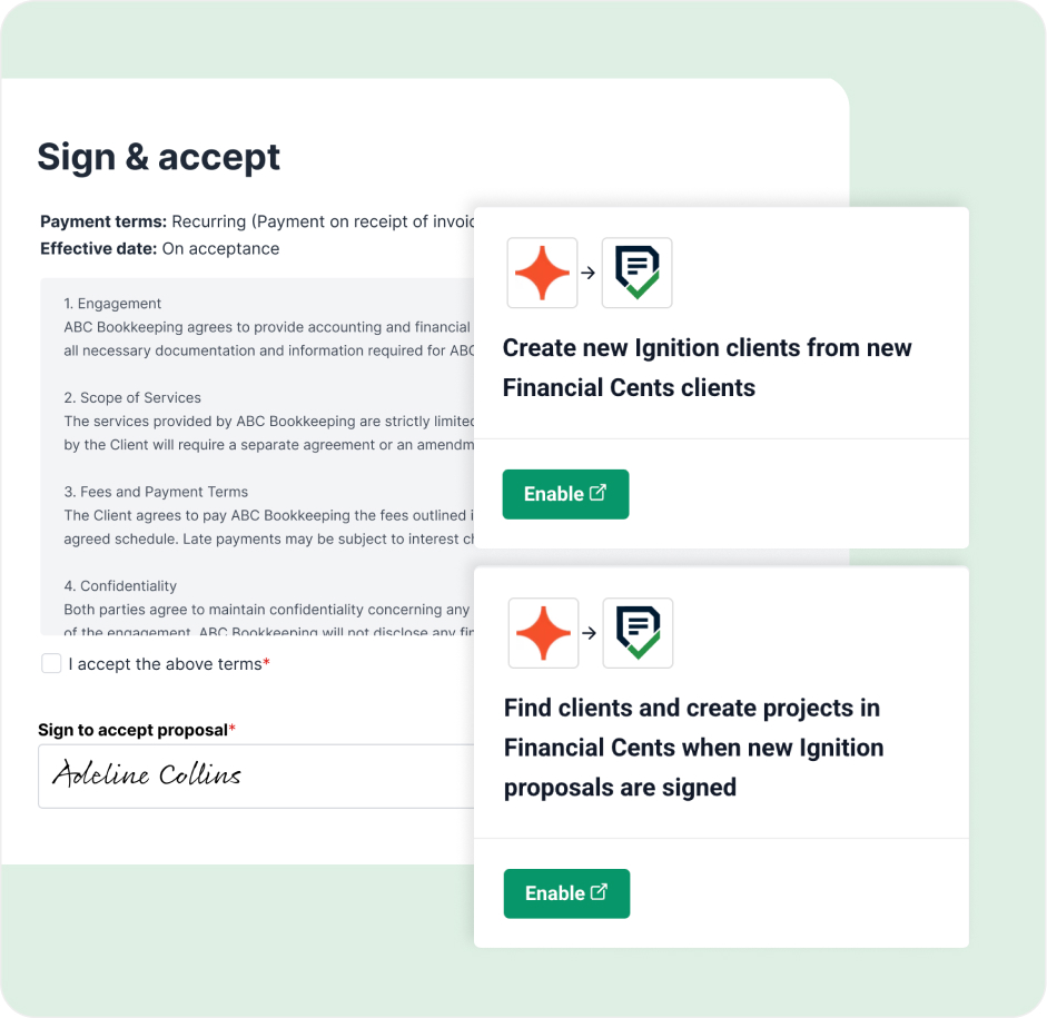A sign & accept form with payment terms, client signature, and options to sync clients and projects between Financial Cents and Ignition.

