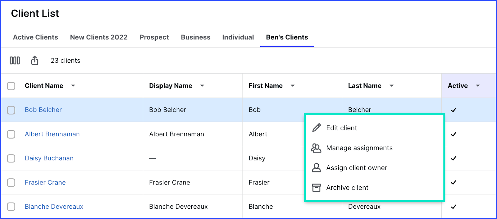 client list dashboard in Canopy