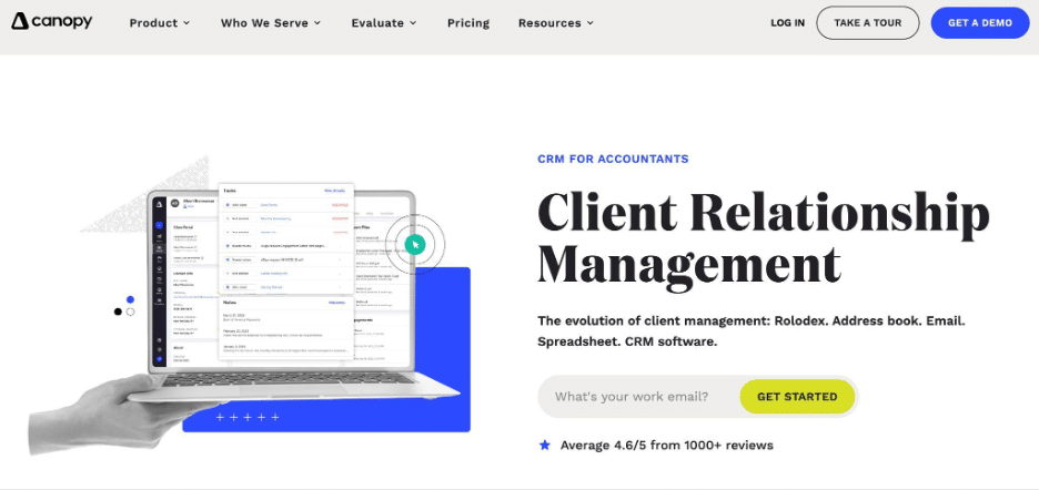 Canopy client relationship management homepage for accountants
