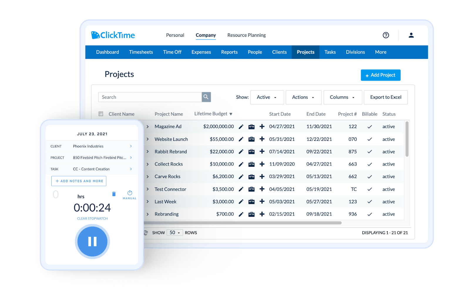 clicktime projects tracking dashboard
