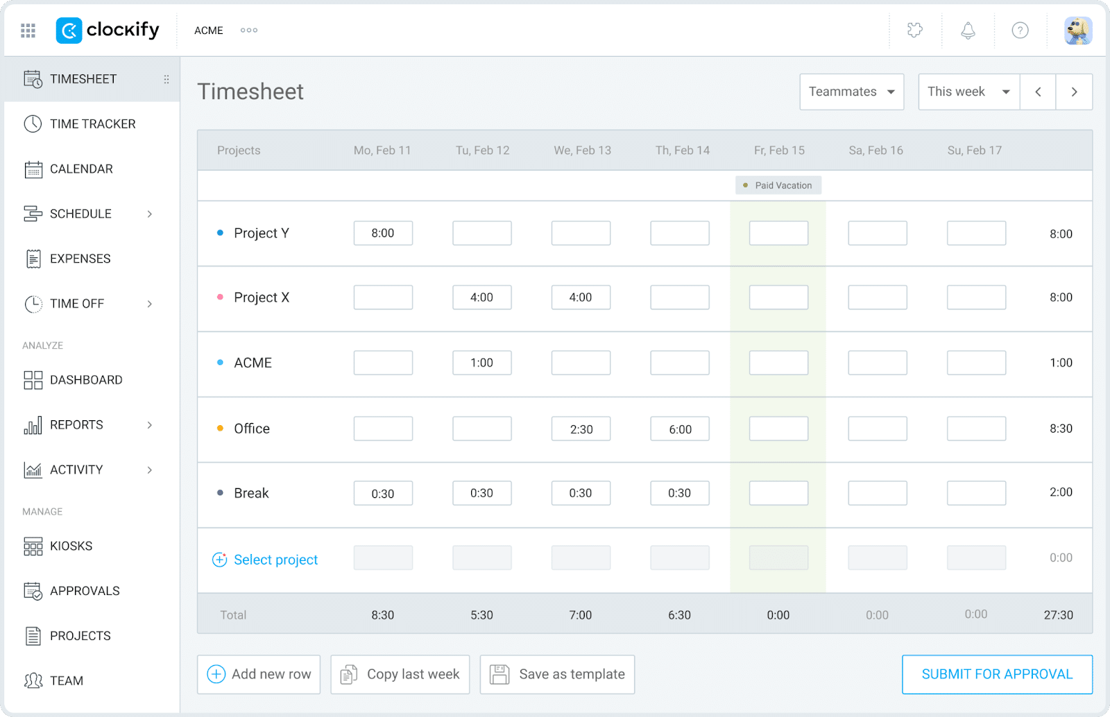 an overview of Clockify dashboard