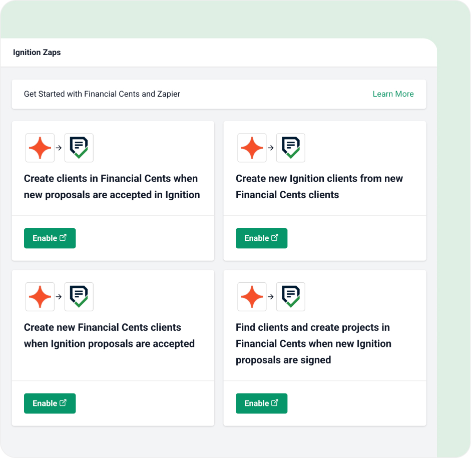An Ignition Zaps interface shows options to create or sync clients and projects between Financial Cents and Ignition using Zapier automation.