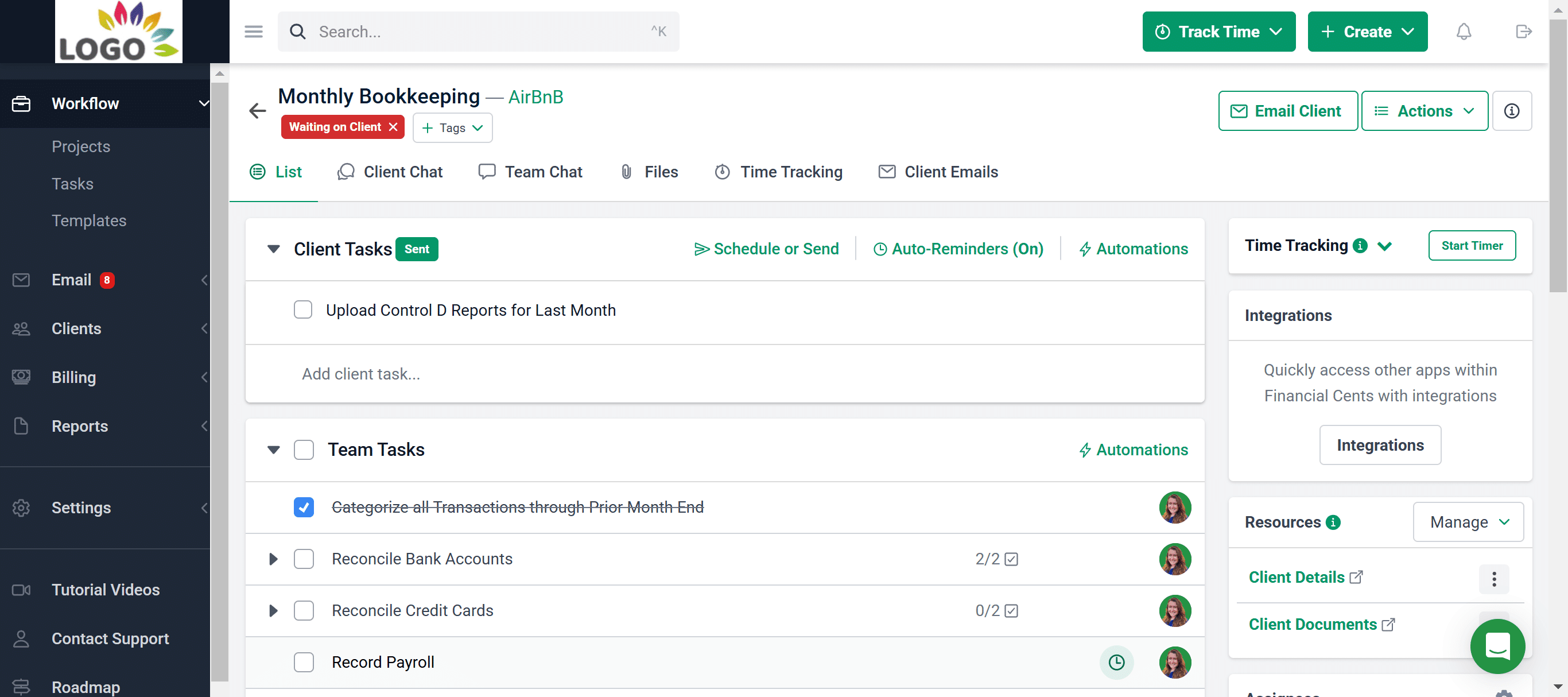 A project dashboard for monthly bookkeeping with client and team tasks, status tags, task automation, time tracking, and resource integration features.