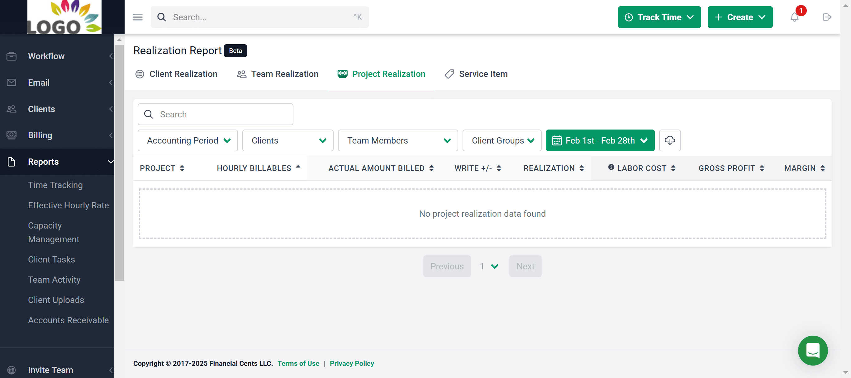 Project realization report dashboard with filters for accounting period, clients, team, and date. No project data is displayed in the table.