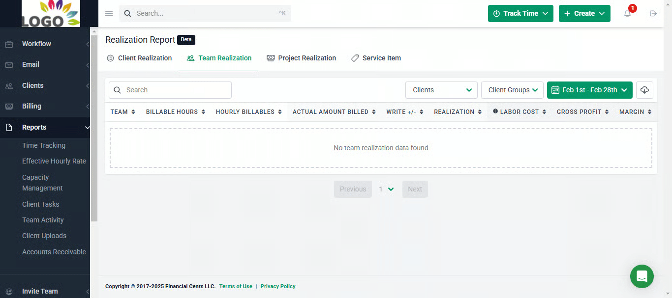 Team realization report dashboard showing filters for clients, groups, and date.