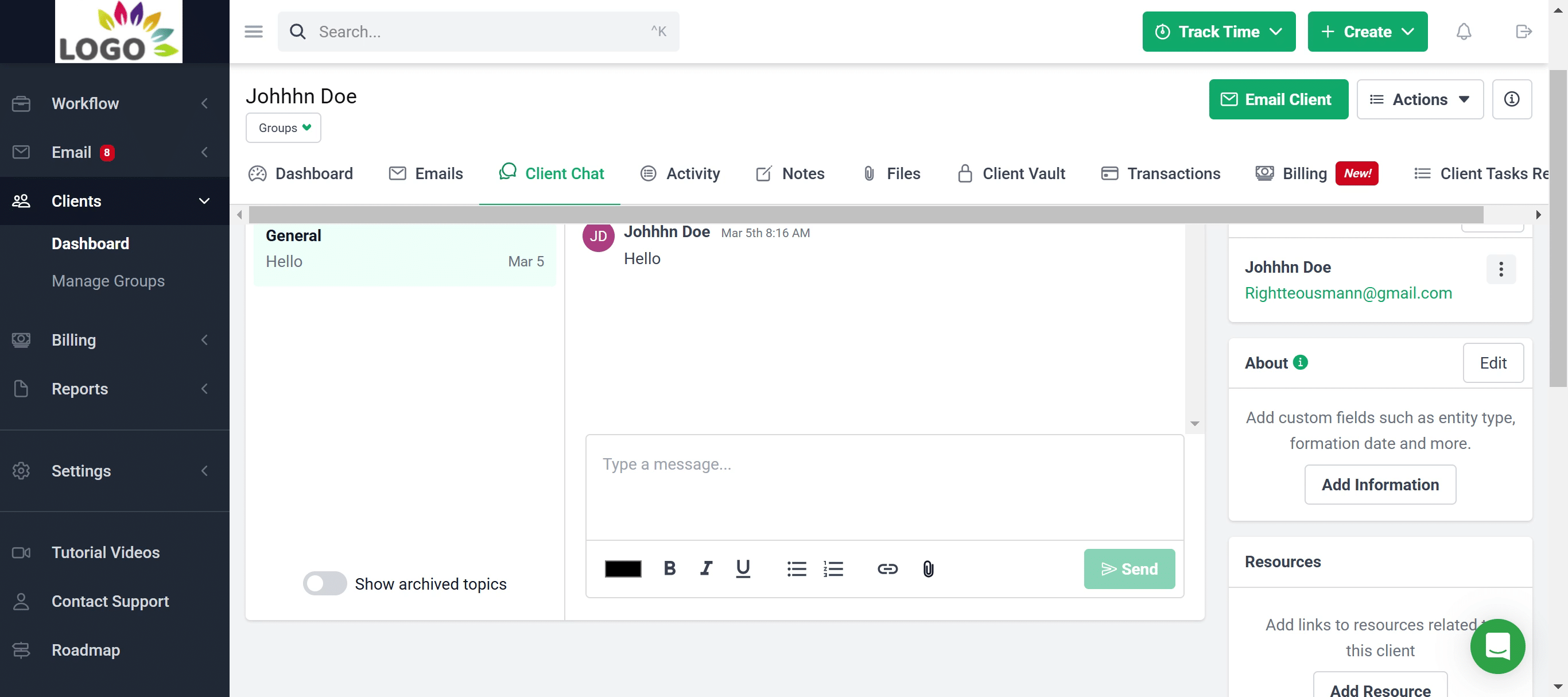 A client management dashboard with a chat window, sidebar navigation, client info, and action buttons, all set in a clean, modern interface.