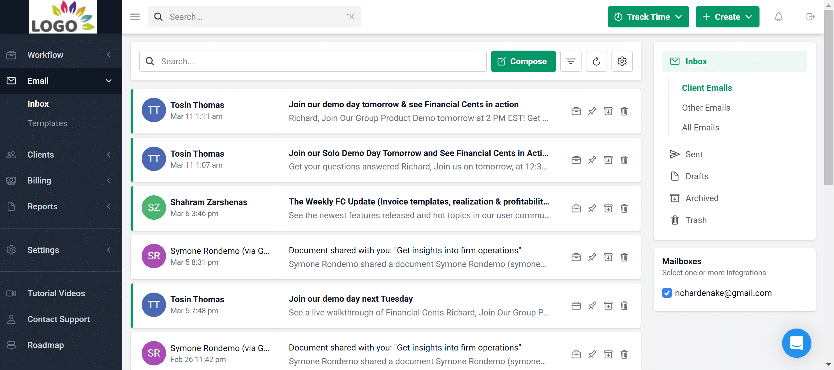 An integrations page lists QuickBooks, Gmail, Outlook, Adobe Sign, Google Drive, and OneDrive with enable options and plan requirements for some services.