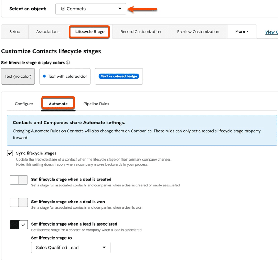 Configuring automated contact lifecycle stages in HubSpot