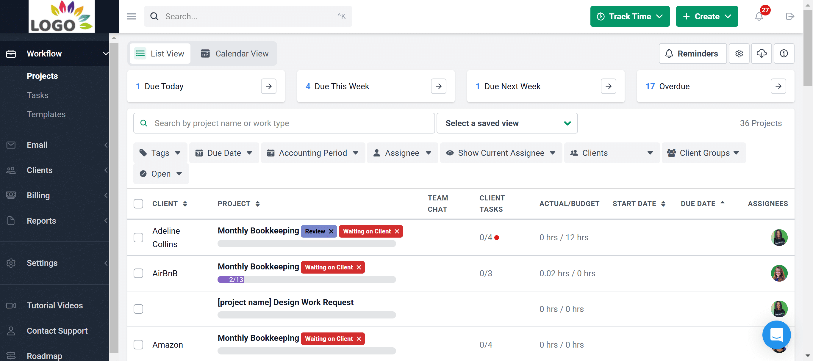 A project management dashboard displays client projects, task statuses, due dates, filters, and assignees with tags like “Review” and “Waiting on Client.”
