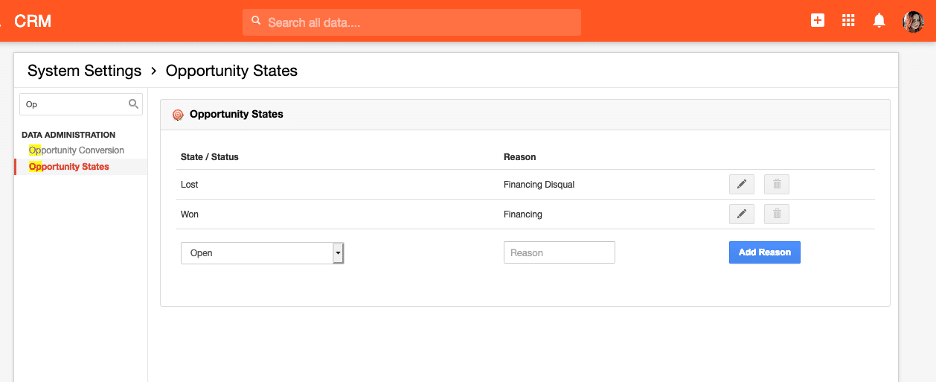 Configuring opportunity state reasons in Insightly's System Settings