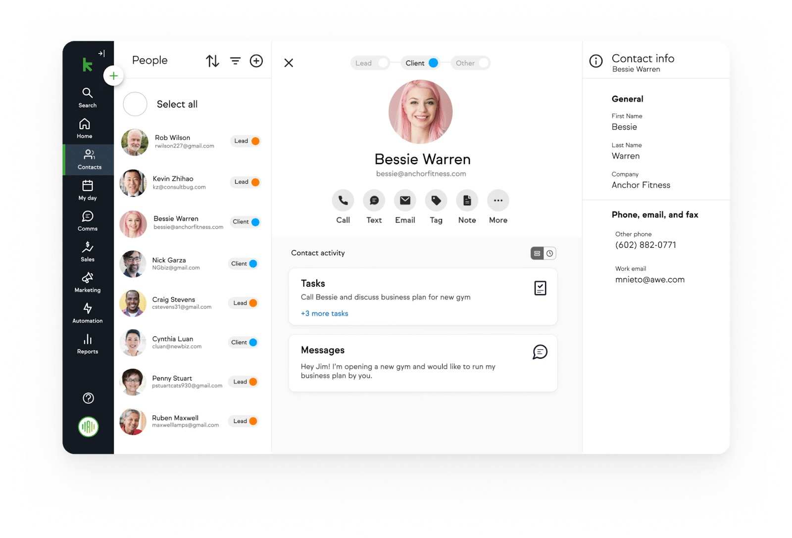 Keap's client profile dashboard