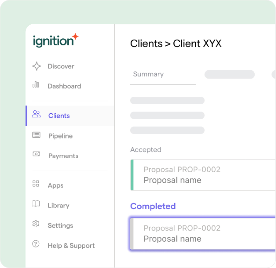 An Ignition app interface shows the client section with accepted and completed proposals under the client profile "Client XYX."