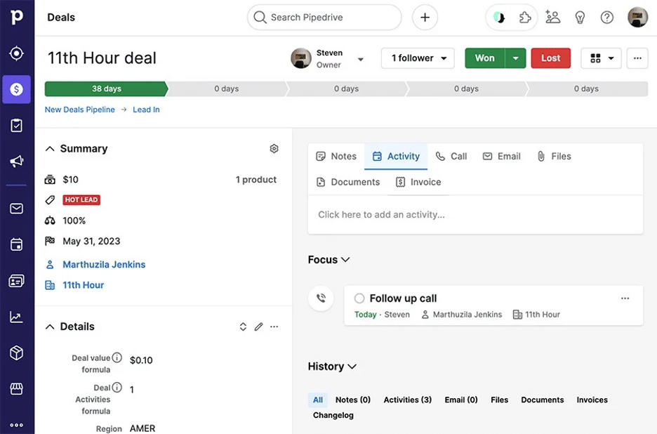 Pipedrive deal detail view showing pipeline stage, activities, and history