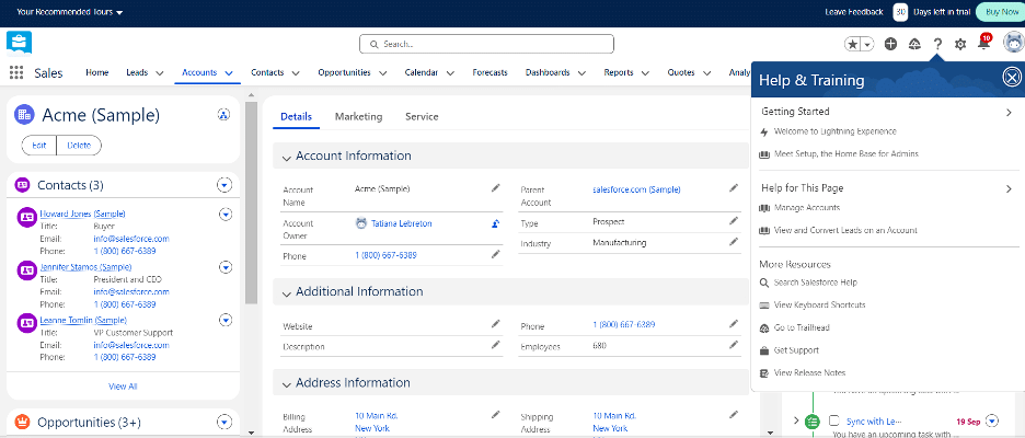 Salesforce account record view with contacts and related details