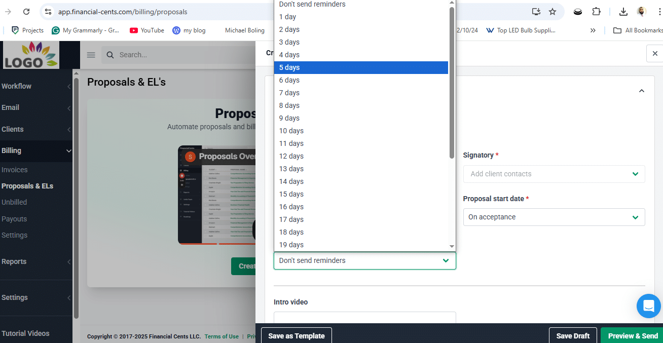A dropdown menu for proposal reminders shows options from 1 to 19 days, with other form fields and save/preview buttons visible in the proposal interface.
