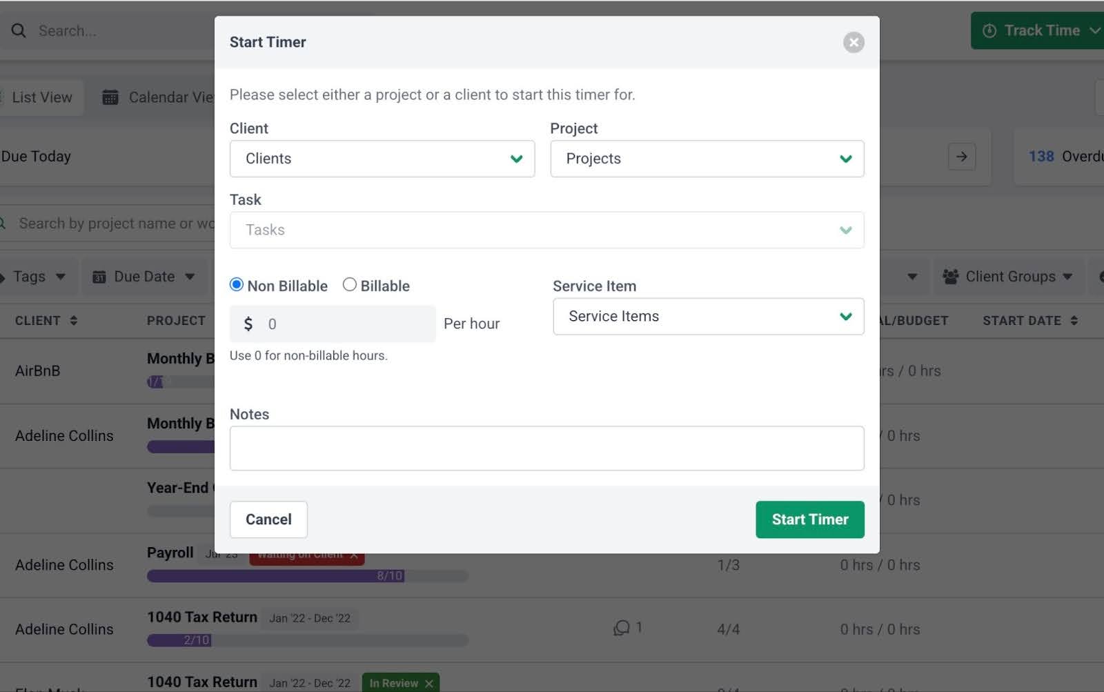 accounting time and billing solution - starting timer in Financial Cents