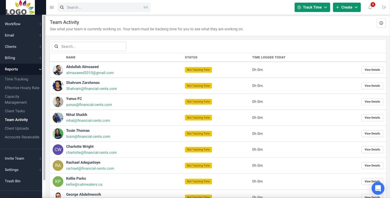 team activity report showing time logged by team members in Financial Cents