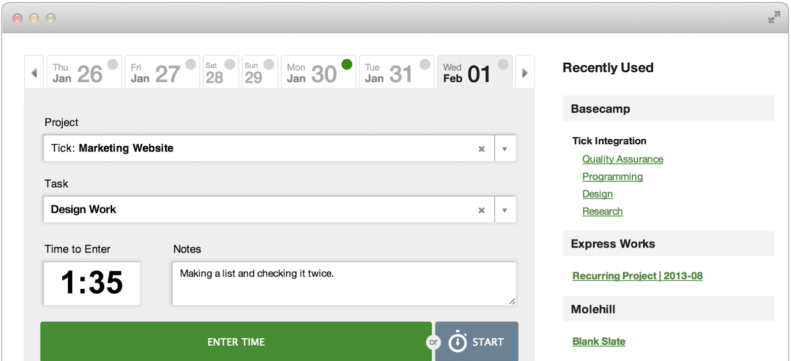 tick time tracking tool interface