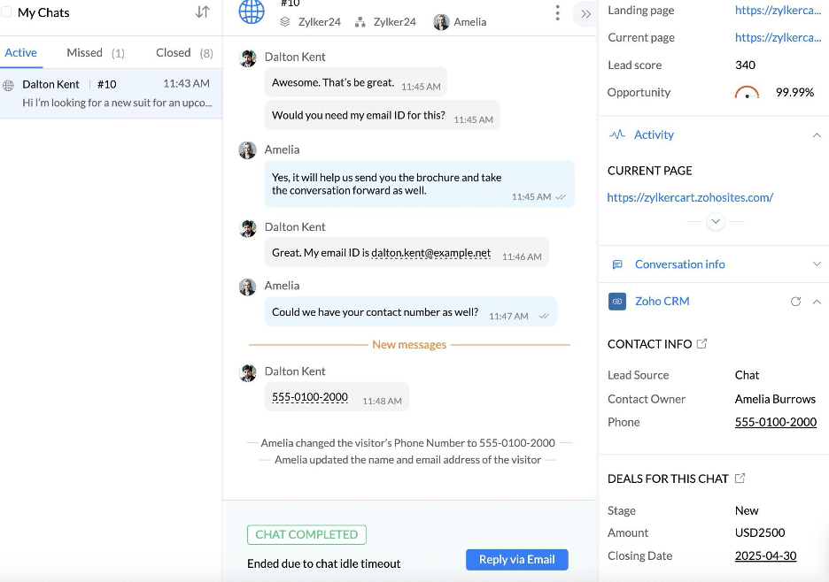 Zoho CRM live chat capturing visitor's contact details and deal info