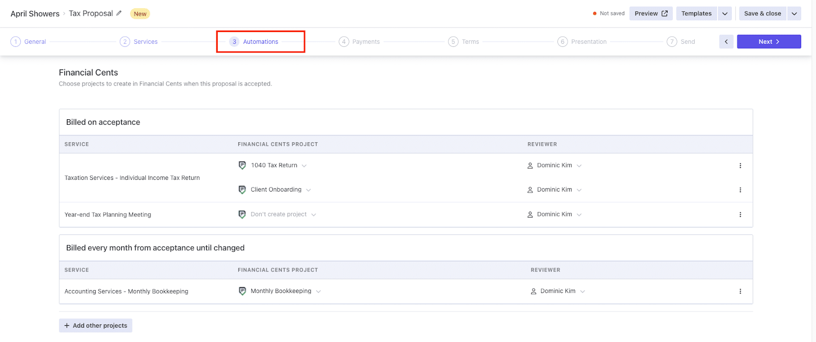 setting up automation to create projects in Financial Cents from Ignition proposals