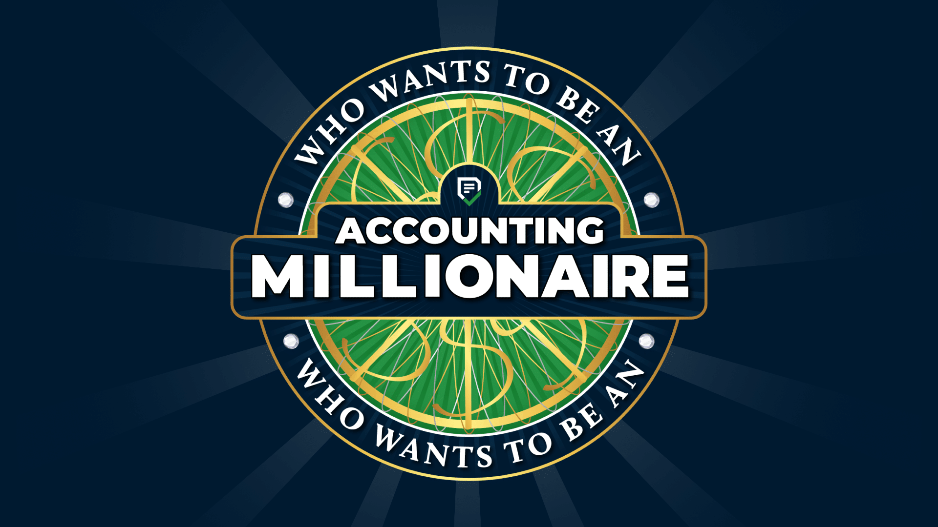 Circular logo inspired by “Who Wants to Be a Millionaire,” featuring “ACCOUNTING MILLIONAIRE” text with dollar signs and green accents on a dark background.