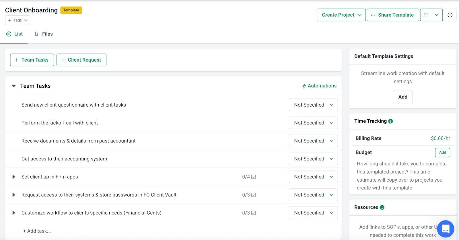 client onboarding workflow template in Financial Cents