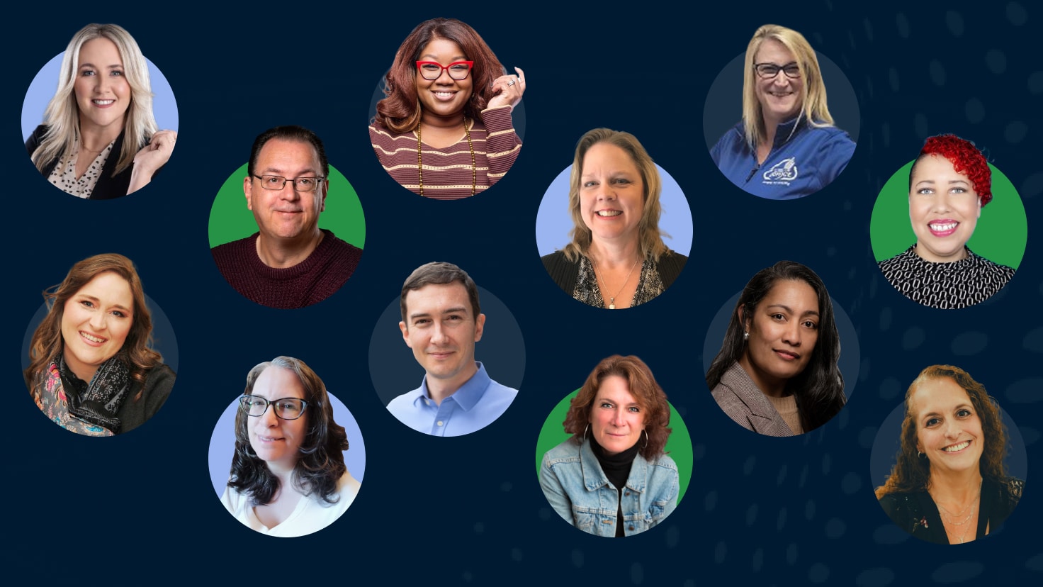 Customer Stories Collage of 11 diverse professionals smiling, each framed in circular cutouts against a dark blue background.