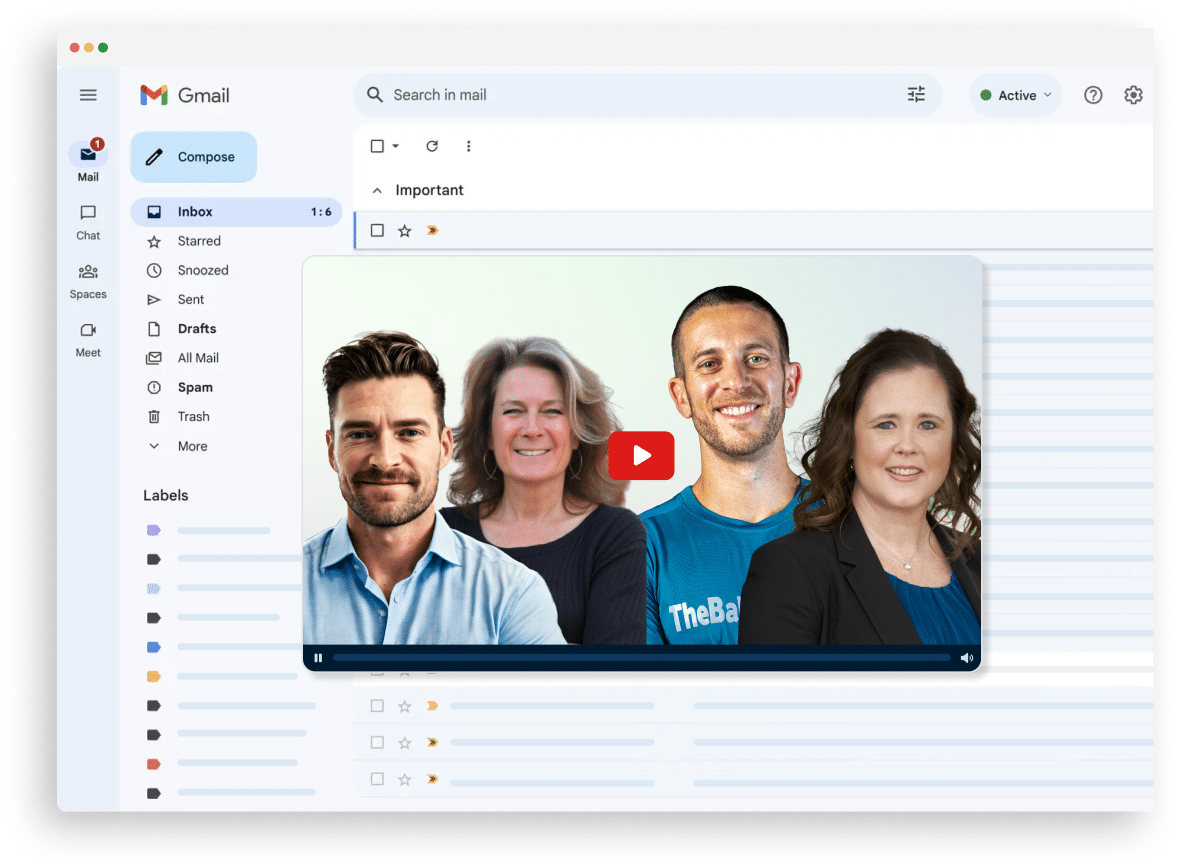 E-mail courses An email inbox with a video overlay featuring four presenters, suggesting an embedded video course or webinar preview within a Gmail interface.